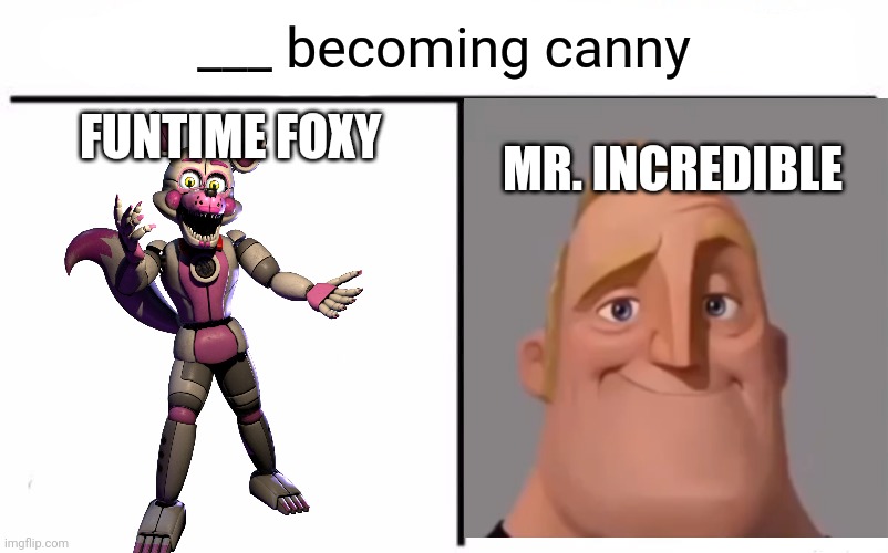 Funtime Foxy VS Mr. Incredible | ___ becoming canny; FUNTIME FOXY; MR. INCREDIBLE | image tagged in memes,who would win,mr incredible becoming canny,funtime foxy | made w/ Imgflip meme maker