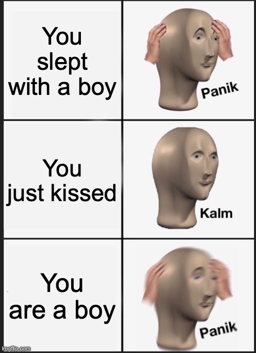 Uff | You slept with a boy; You just kissed; You are a boy | image tagged in memes,panik kalm panik | made w/ Imgflip meme maker