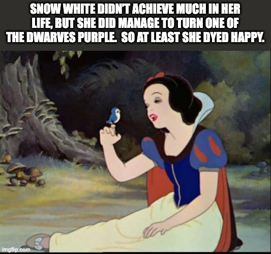 Snow White | SNOW WHITE DIDN’T ACHIEVE MUCH IN HER LIFE, BUT SHE DID MANAGE TO TURN ONE OF THE DWARVES PURPLE.  SO AT LEAST SHE DYED HAPPY. | image tagged in snow white | made w/ Imgflip meme maker