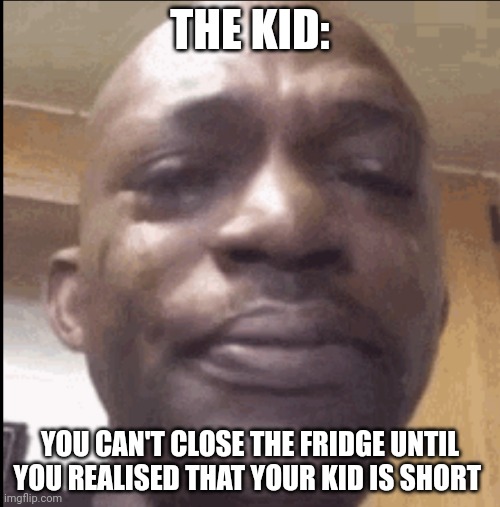 The kid:Ouch?? | THE KID:; YOU CAN'T CLOSE THE FRIDGE UNTIL YOU REALISED THAT YOUR KID IS SHORT | image tagged in crying black dude,kids,kid,memes,funny memes | made w/ Imgflip meme maker