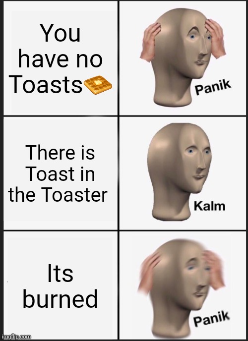 Panik Kalm Panik Meme | You have no Toasts🧇; There is Toast in the Toaster; Its burned | image tagged in memes,panik kalm panik | made w/ Imgflip meme maker