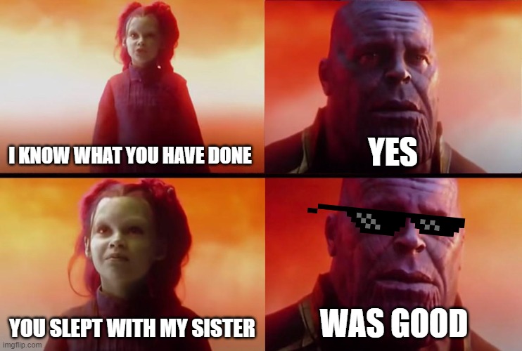 thanos what did it cost | I KNOW WHAT YOU HAVE DONE; YES; YOU SLEPT WITH MY SISTER; WAS GOOD | image tagged in thanos what did it cost | made w/ Imgflip meme maker