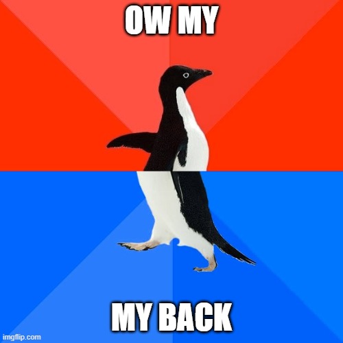 oof ah a ouch my back | OW MY; MY BACK | image tagged in memes,socially awesome awkward penguin | made w/ Imgflip meme maker