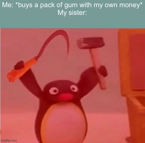 our gum | Me: *buys a pack of gum with my own money*
My sister: | image tagged in communist pingu | made w/ Imgflip meme maker