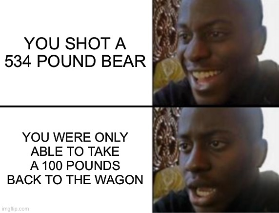 ? | YOU SHOT A 534 POUND BEAR; YOU WERE ONLY ABLE TO TAKE A 100 POUNDS BACK TO THE WAGON | image tagged in oh yeah oh no | made w/ Imgflip meme maker