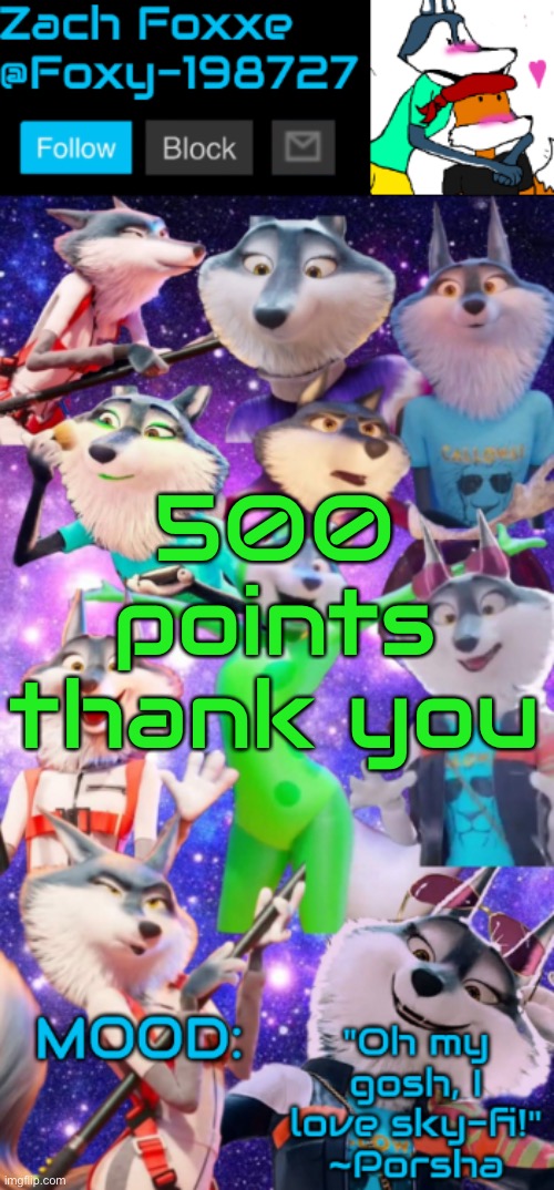 500 points thank you | image tagged in foxy-198727 porsha announcement template | made w/ Imgflip meme maker