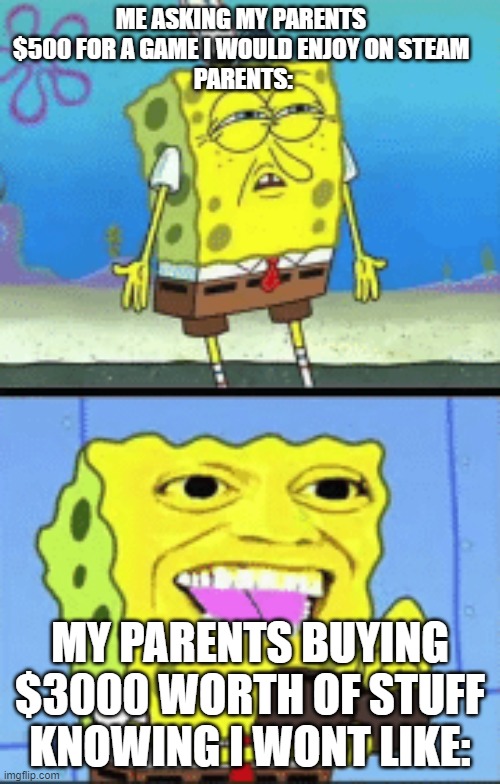 Spongebob money | ME ASKING MY PARENTS $500 FOR A GAME I WOULD ENJOY ON STEAM
 PARENTS:; MY PARENTS BUYING $3000 WORTH OF STUFF KNOWING I WONT LIKE: | image tagged in spongebob money | made w/ Imgflip meme maker