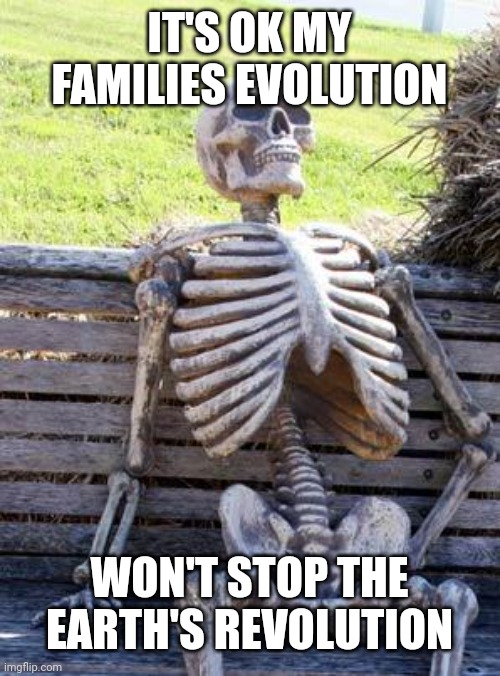 Waiting Skeleton Meme | IT'S OK MY FAMILIES EVOLUTION WON'T STOP THE EARTH'S REVOLUTION | image tagged in memes,waiting skeleton | made w/ Imgflip meme maker