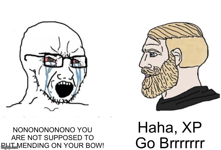 XP Go BRRRRRRRR | Haha, XP Go Brrrrrrr; NONONONONONO YOU ARE NOT SUPPOSED TO PUT MENDING ON YOUR BOW! | image tagged in soyboy vs yes chad,minecraft | made w/ Imgflip meme maker