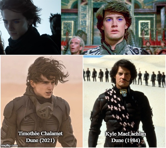 Which one is your preferred Paul Atreides? | Kyle MacLachlan
Dune (1984); Timothée Chalamet
Dune (2021) | image tagged in dune 2021 paul,dune,memes | made w/ Imgflip meme maker