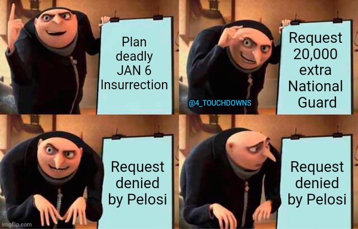 Things that make you go hmmmm... | Plan deadly JAN 6 Insurrection; Request 
20,000 
extra 
National 
Guard; @4_TOUCHDOWNS; Request denied by Pelosi; Request denied by Pelosi | image tagged in trump,nancy pelosi | made w/ Imgflip meme maker