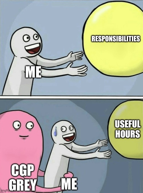 Idk man I’m just bored | RESPONSIBILITIES; ME; USEFUL HOURS; CGP GREY; ME | image tagged in memes,running away balloon | made w/ Imgflip meme maker