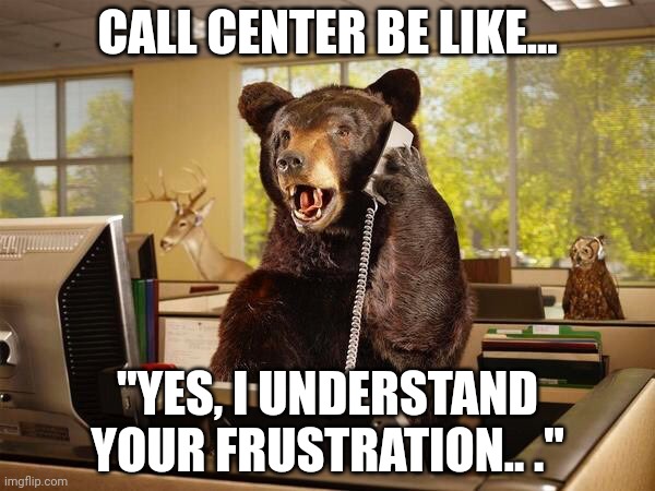 Call center | CALL CENTER BE LIKE... "YES, I UNDERSTAND YOUR FRUSTRATION.. ." | image tagged in bear | made w/ Imgflip meme maker