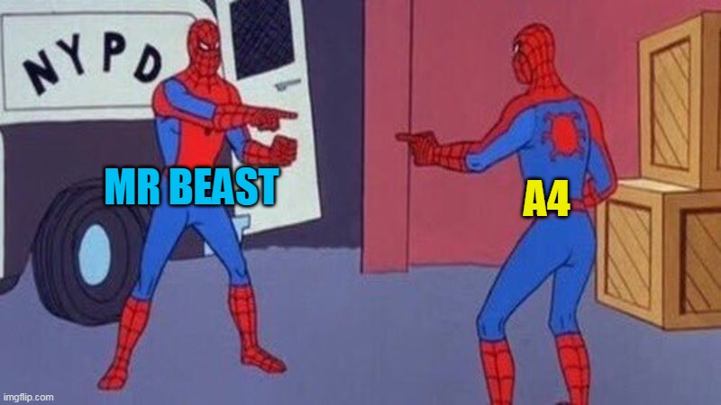 POV: YouTube | MR BEAST; A4 | image tagged in spiderman pointing at spiderman | made w/ Imgflip meme maker