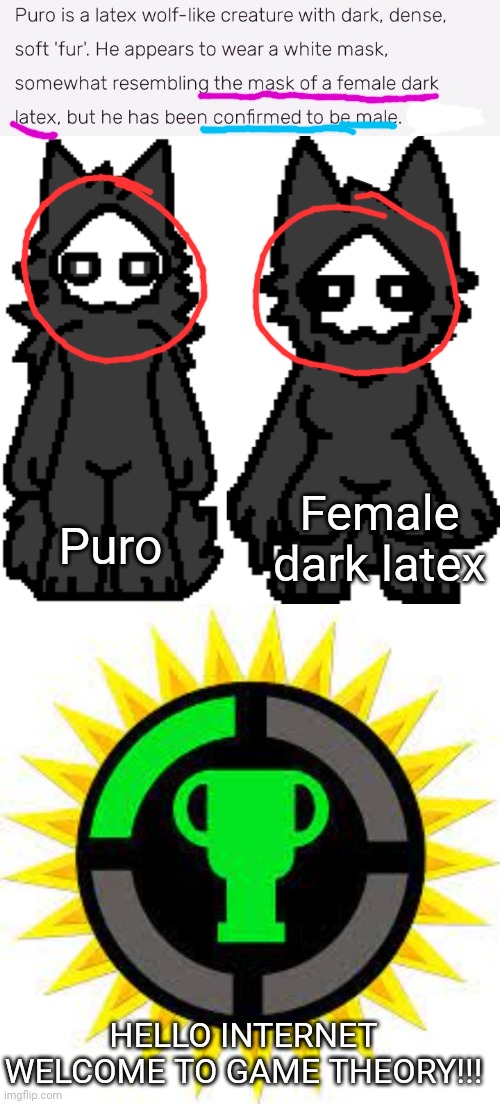 MATPAT, SHUT UP ABOUT FNAF AND GET ON THIS!!! | Female dark latex; Puro; HELLO INTERNET WELCOME TO GAME THEORY!!! | image tagged in game theory logo | made w/ Imgflip meme maker