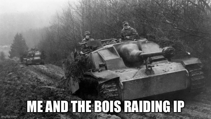 StuG IV | ME AND THE BOIS RAIDING IP | image tagged in stug iv | made w/ Imgflip meme maker