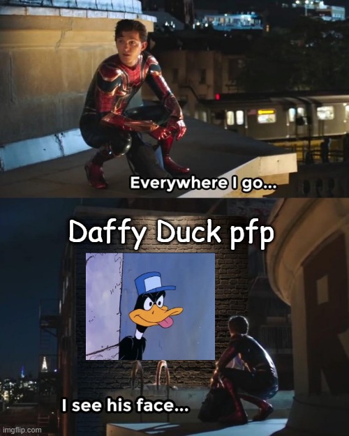 seriously, whats up with this? | Daffy Duck pfp | image tagged in everywhere i go i see his face | made w/ Imgflip meme maker