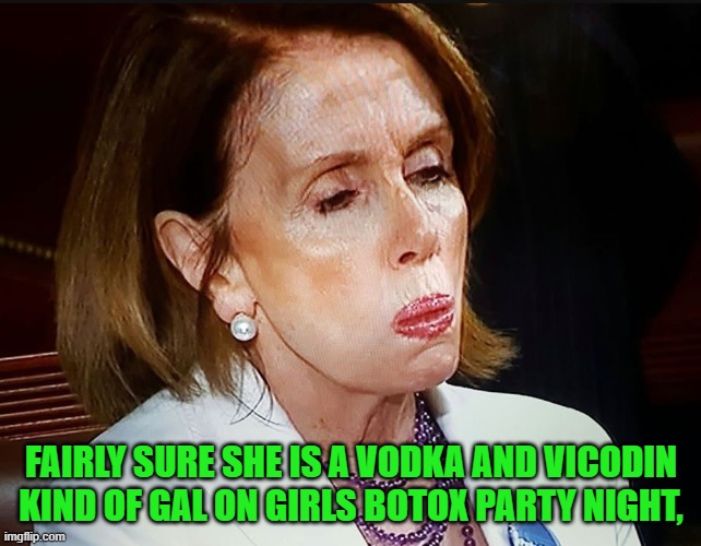 Nancy Pelosi PB Sandwich | FAIRLY SURE SHE IS A VODKA AND VICODIN KIND OF GAL ON GIRLS BOTOX PARTY NIGHT, | image tagged in nancy pelosi pb sandwich | made w/ Imgflip meme maker