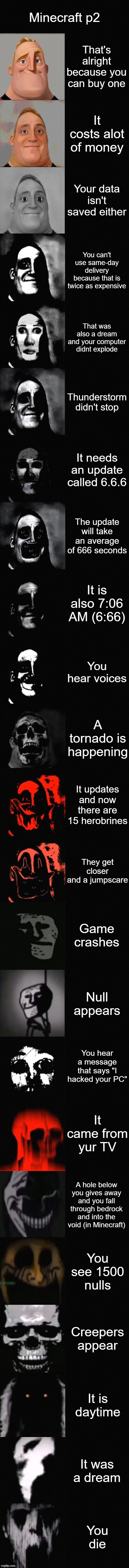Mr. Incredible Becoming Uncanny Extended HD | Minecraft p2; That's alright because you can buy one; It costs alot of money; Your data isn't saved either; You can't use same-day delivery because that is twice as expensive; That was also a dream and your computer didnt explode; Thunderstorm didn't stop; It needs an update called 6.6.6; The update will take an average of 666 seconds; It is also 7:06 AM (6:66); You hear voices; A tornado is happening; It updates and now there are 15 herobrines; They get closer and a jumpscare; Game crashes; Null appears; You hear a message that says "I hacked your PC"; It came from yur TV; A hole below you gives away and you fall through bedrock and into the void (in Minecraft); You see 1500 nulls; Creepers appear; It is daytime; It was a dream; You die | image tagged in mr incredible becoming uncanny extended hd | made w/ Imgflip meme maker