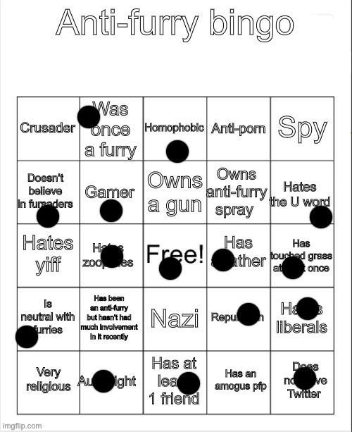 No bingos, and I just do bingos for fun (not anti furry) | image tagged in anti-furry bingo | made w/ Imgflip meme maker
