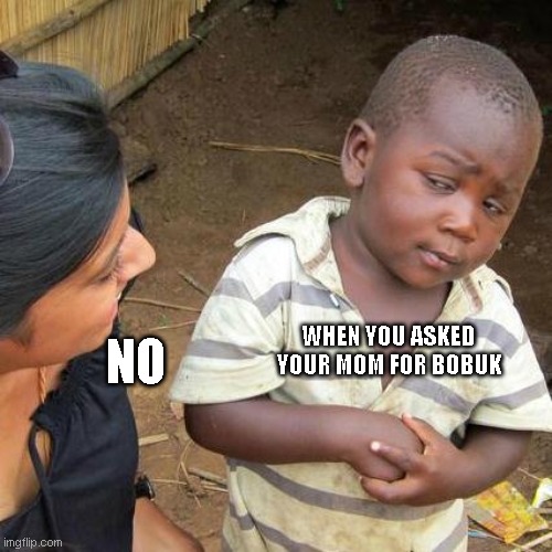 when you want bobuk | NO; WHEN YOU ASKED YOUR MOM FOR BOBUK | image tagged in memes,third world skeptical kid | made w/ Imgflip meme maker