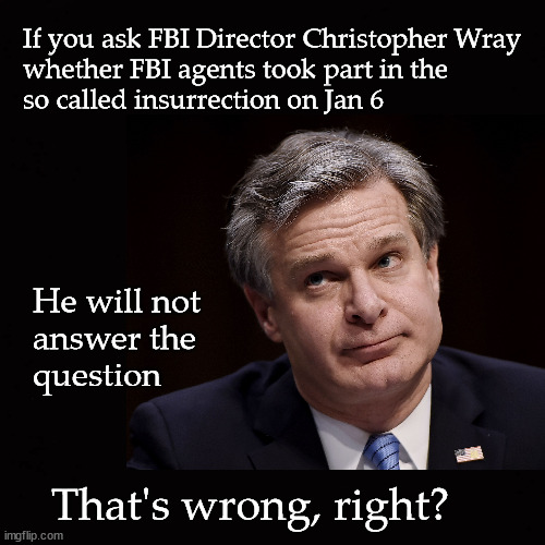 were FBI agents involved in the mostly peaceful protest Jan 6 | If you ask FBI Director Christopher Wray
whether FBI agents took part in the 
so called insurrection on Jan 6; He will not
answer the 
question; That's wrong, right? | image tagged in jan 6 riot,fbi | made w/ Imgflip meme maker
