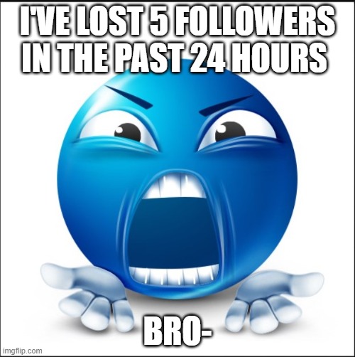 Angry Blue Guy | I'VE LOST 5 FOLLOWERS IN THE PAST 24 HOURS; BRO- | image tagged in angry blue guy | made w/ Imgflip meme maker