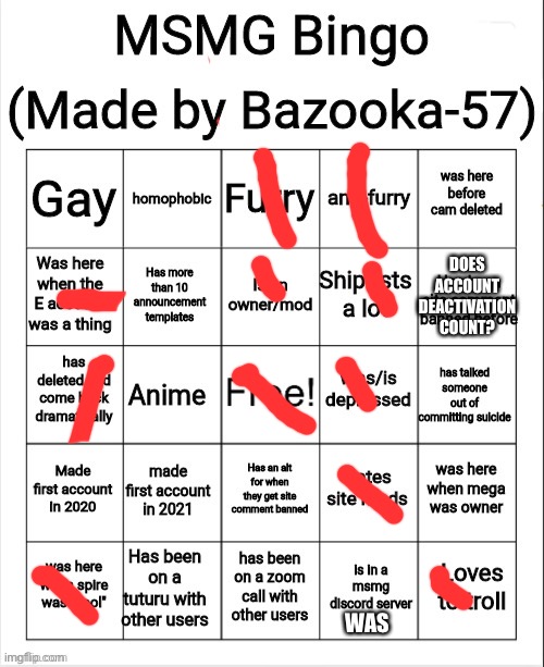 e | DOES ACCOUNT DEACTIVATION COUNT? WAS | image tagged in msmg bingo | made w/ Imgflip meme maker