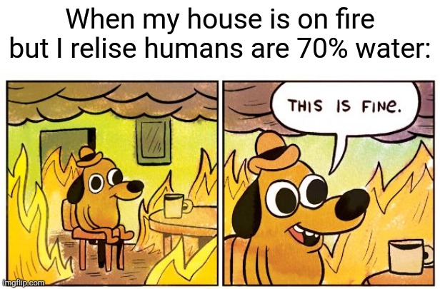 House | When my house is on fire but I relise humans are 70% water: | image tagged in memes,this is fine,house,fire,water | made w/ Imgflip meme maker