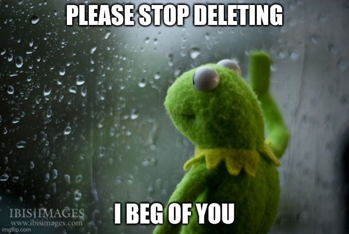 kermit window | PLEASE STOP DELETING; I BEG OF YOU | image tagged in kermit window | made w/ Imgflip meme maker