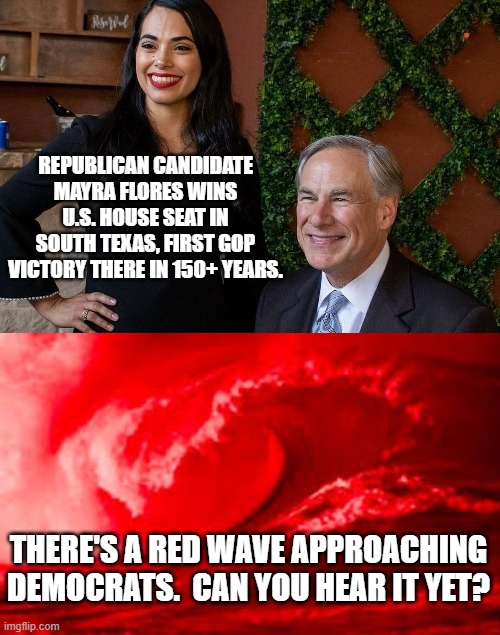 Red wave approaching. | REPUBLICAN CANDIDATE MAYRA FLORES WINS U.S. HOUSE SEAT IN SOUTH TEXAS, FIRST GOP VICTORY THERE IN 150+ YEARS. THERE'S A RED WAVE APPROACHING DEMOCRATS.  CAN YOU HEAR IT YET? | image tagged in texas | made w/ Imgflip meme maker