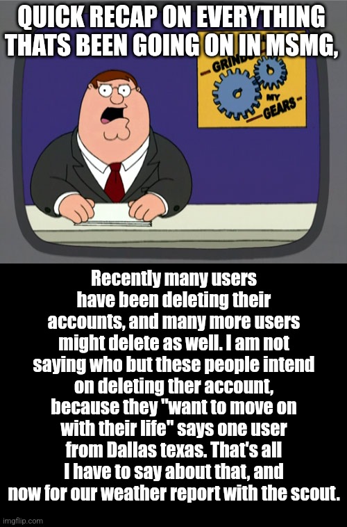 Ms news | QUICK RECAP ON EVERYTHING THATS BEEN GOING ON IN MSMG, Recently many users have been deleting their accounts, and many more users might delete as well. I am not saying who but these people intend on deleting ther account, because they "want to move on with their life" says one user from Dallas texas. That's all I have to say about that, and now for our weather report with the scout. | image tagged in memes,peter griffin news | made w/ Imgflip meme maker