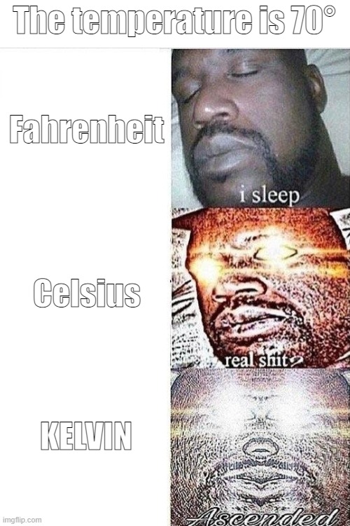 Tempature | The temperature is 70°; Fahrenheit; Celsius; KELVIN | image tagged in i sleep real shit ascended,farenheit,celsius,kelvin,know the difference,difference | made w/ Imgflip meme maker