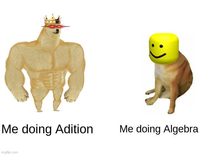 Buff Doge vs. Cheems | Me doing Adition; Me doing Algebra | image tagged in memes,buff doge vs cheems | made w/ Imgflip meme maker