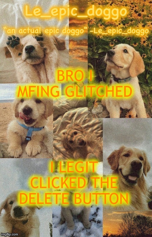 Doggo temp by doggo. Wait what that’s confusing | BRO I MFING GLITCHED; I LEGIT CLICKED THE DELETE BUTTON | image tagged in doggo temp by doggo wait what that s confusing | made w/ Imgflip meme maker