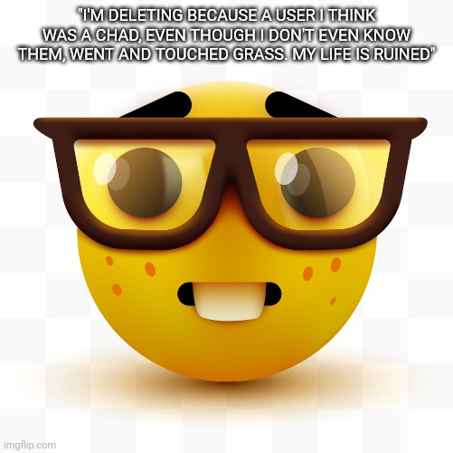 . | "I'M DELETING BECAUSE A USER I THINK WAS A CHAD, EVEN THOUGH I DON'T EVEN KNOW THEM, WENT AND TOUCHED GRASS. MY LIFE IS RUINED" | image tagged in nerd emoji | made w/ Imgflip meme maker