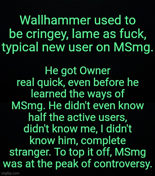 . | Wallhammer used to be cringey, lame as fuck, typical new user on MSmg. He got Owner real quick, even before he learned the ways of MSmg. He didn't even know half the active users, didn't know me, I didn't know him, complete stranger. To top it off, MSmg was at the peak of controversy. | image tagged in the black,1 | made w/ Imgflip meme maker