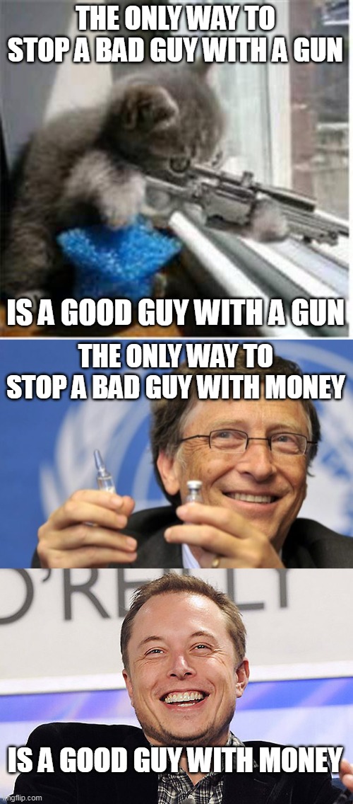  THE ONLY WAY TO STOP A BAD GUY WITH A GUN; IS A GOOD GUY WITH A GUN; THE ONLY WAY TO STOP A BAD GUY WITH MONEY; IS A GOOD GUY WITH MONEY | image tagged in cats with guns,bill gates loves vaccines,elon musk | made w/ Imgflip meme maker