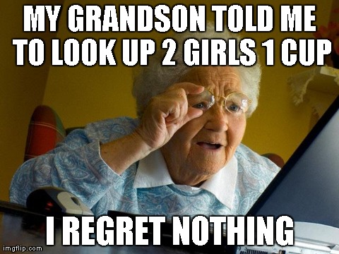 Grandma Finds The Internet Meme | MY GRANDSON TOLD ME TO LOOK UP 2 GIRLS 1 CUP I REGRET NOTHING | image tagged in memes,grandma finds the internet | made w/ Imgflip meme maker