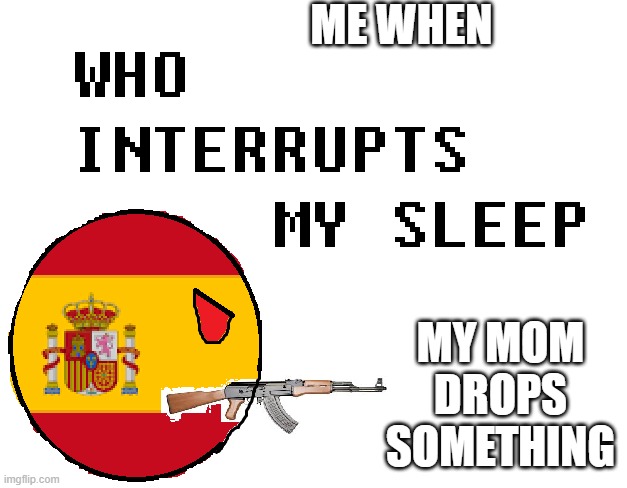 really tho | ME WHEN; MY MOM DROPS SOMETHING | image tagged in who interrupts my sleep,spain | made w/ Imgflip meme maker