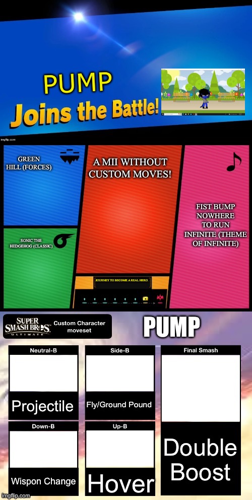 My fursona as a DLC character | PUMP; GREEN HILL (FORCES); A MII WITHOUT CUSTOM MOVES! FIST BUMP
NOWHERE TO RUN
INFINITE (THEME OF INFINITE); SONIC THE HEDGEHOG (CLASSIC); JOURNEY TO BECOME A REAL HERO; PUMP; Fly/Ground Pound; Projectile; Double Boost; Wispon Change; Hover | image tagged in smash ultimate new fighter template | made w/ Imgflip meme maker