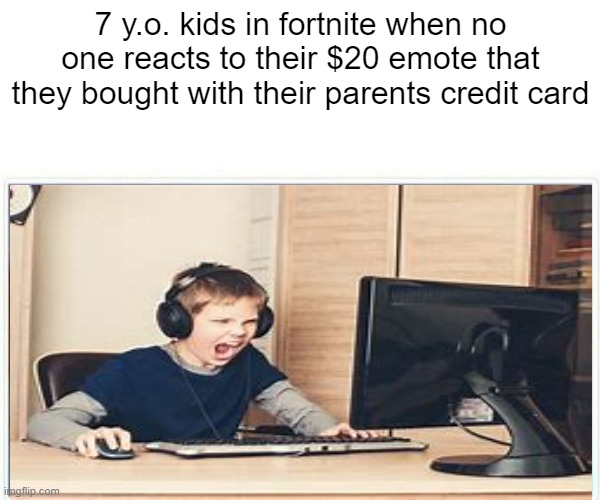 "Angry mic sounds" | 7 y.o. kids in fortnite when no one reacts to their $20 emote that they bought with their parents credit card | image tagged in fortnite memes | made w/ Imgflip meme maker