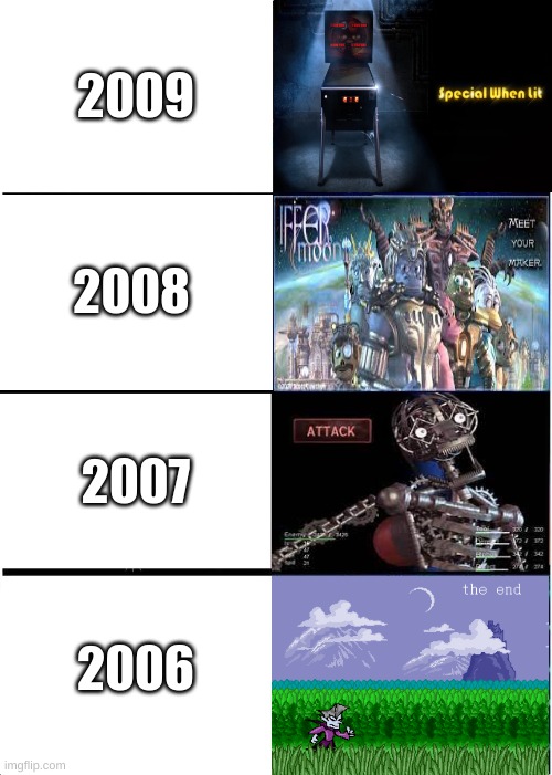 Scottgames (Part4) | 2009; 2008; 2007; 2006 | image tagged in memes,expanding brain | made w/ Imgflip meme maker