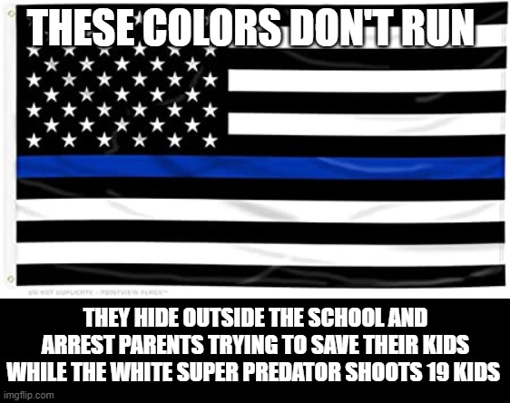 big government thugs |  THESE COLORS DON'T RUN; THEY HIDE OUTSIDE THE SCHOOL AND ARREST PARENTS TRYING TO SAVE THEIR KIDS WHILE THE WHITE SUPER PREDATOR SHOOTS 19 KIDS | image tagged in thin blue line,pigs,nazis,kkk | made w/ Imgflip meme maker