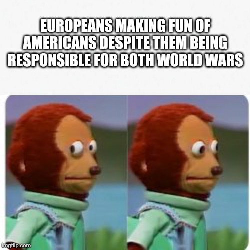 Bruh | EUROPEANS MAKING FUN OF AMERICANS DESPITE THEM BEING RESPONSIBLE FOR BOTH WORLD WARS | image tagged in irony | made w/ Imgflip meme maker