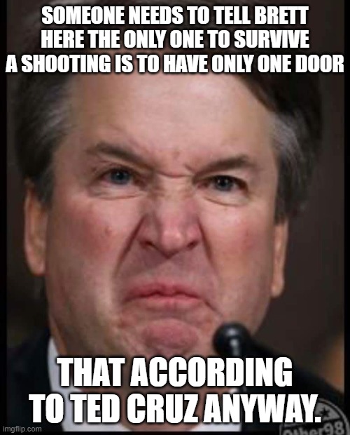 Bitchy Brett | SOMEONE NEEDS TO TELL BRETT HERE THE ONLY ONE TO SURVIVE A SHOOTING IS TO HAVE ONLY ONE DOOR; THAT ACCORDING TO TED CRUZ ANYWAY. | image tagged in bitchy brett | made w/ Imgflip meme maker