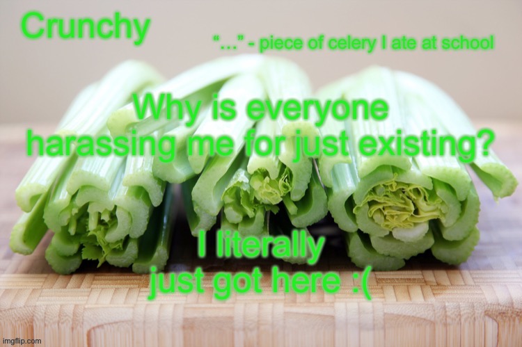 Crunchy’s announcement temp!! | Why is everyone harassing me for just existing? I literally just got here :( | image tagged in crunchy s announcement temp | made w/ Imgflip meme maker