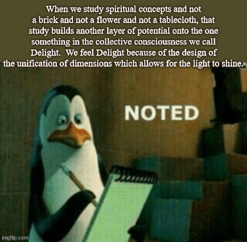 spirituality is scool | When we study spiritual concepts and not a brick and not a flower and not a tablecloth, that study builds another layer of potential onto the one something in the collective consciousness we call Delight.  We feel Delight because of the design of the unification of dimensions which allows for the light to shine. | image tagged in noted | made w/ Imgflip meme maker