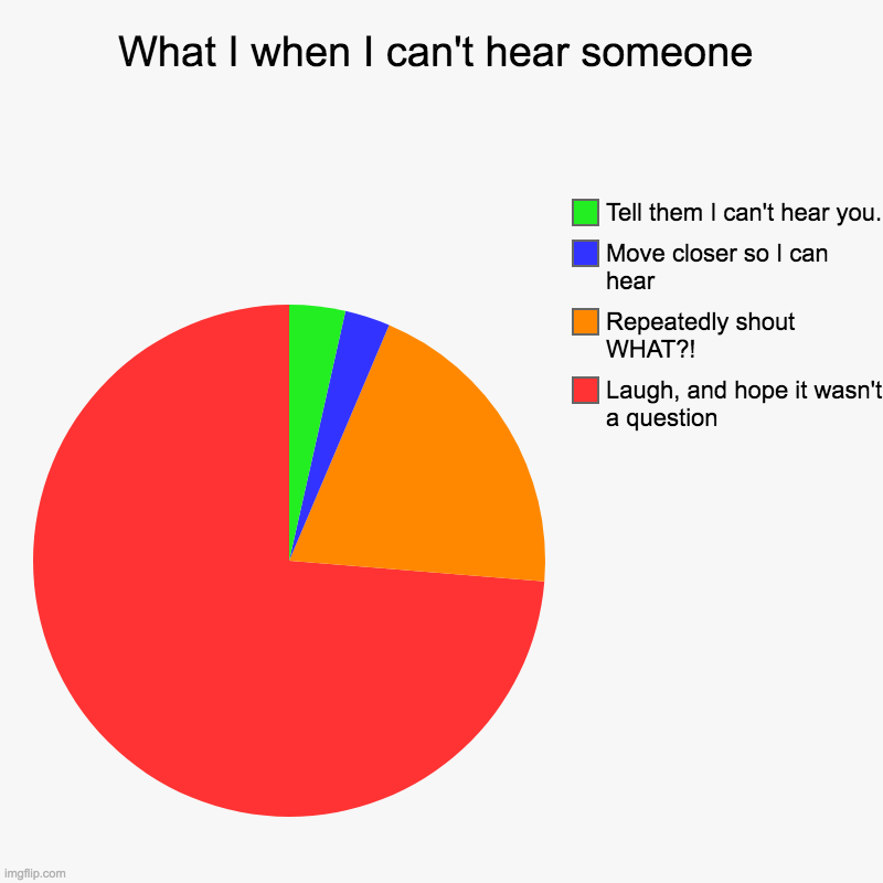 What I when I can't hear someone | Laugh, and hope it wasn't a question, Repeatedly shout WHAT?!, Move closer so I can hear, Tell them I can | image tagged in charts,pie charts,what,laugh,laughing | made w/ Imgflip chart maker