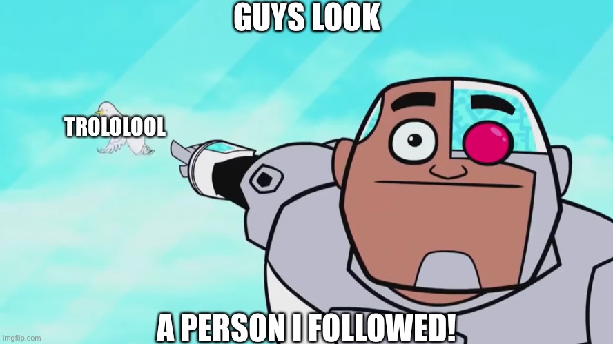 This is a lie | GUYS LOOK; TROLOLOOL; A PERSON I FOLLOWED! | image tagged in guys look a birdie | made w/ Imgflip meme maker